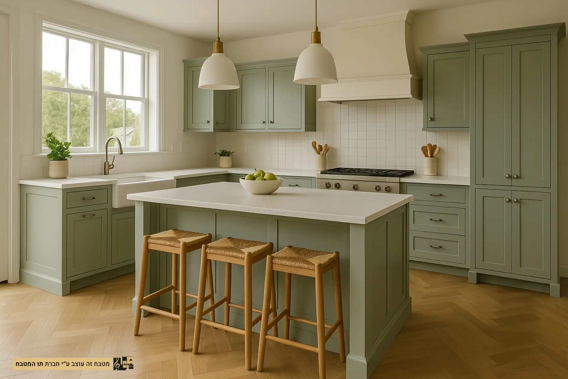 מטבח כפרי פיסטוק עם פרקט פישבון - תו המטבח