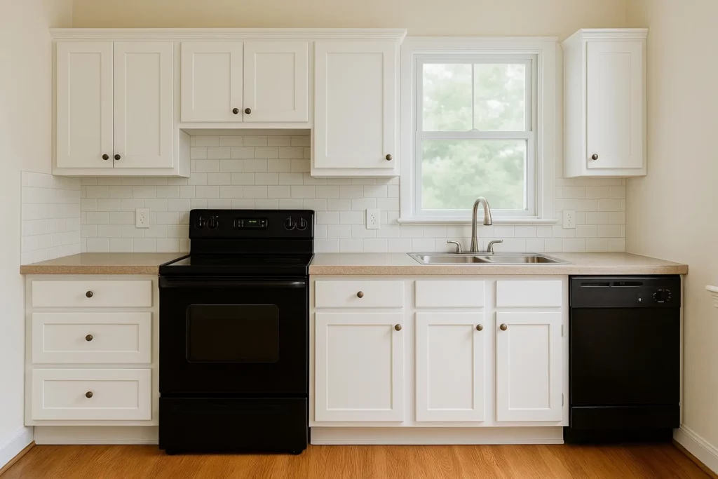 לאחר החידוש ארונות מטבח מעץ לצבע לבן.