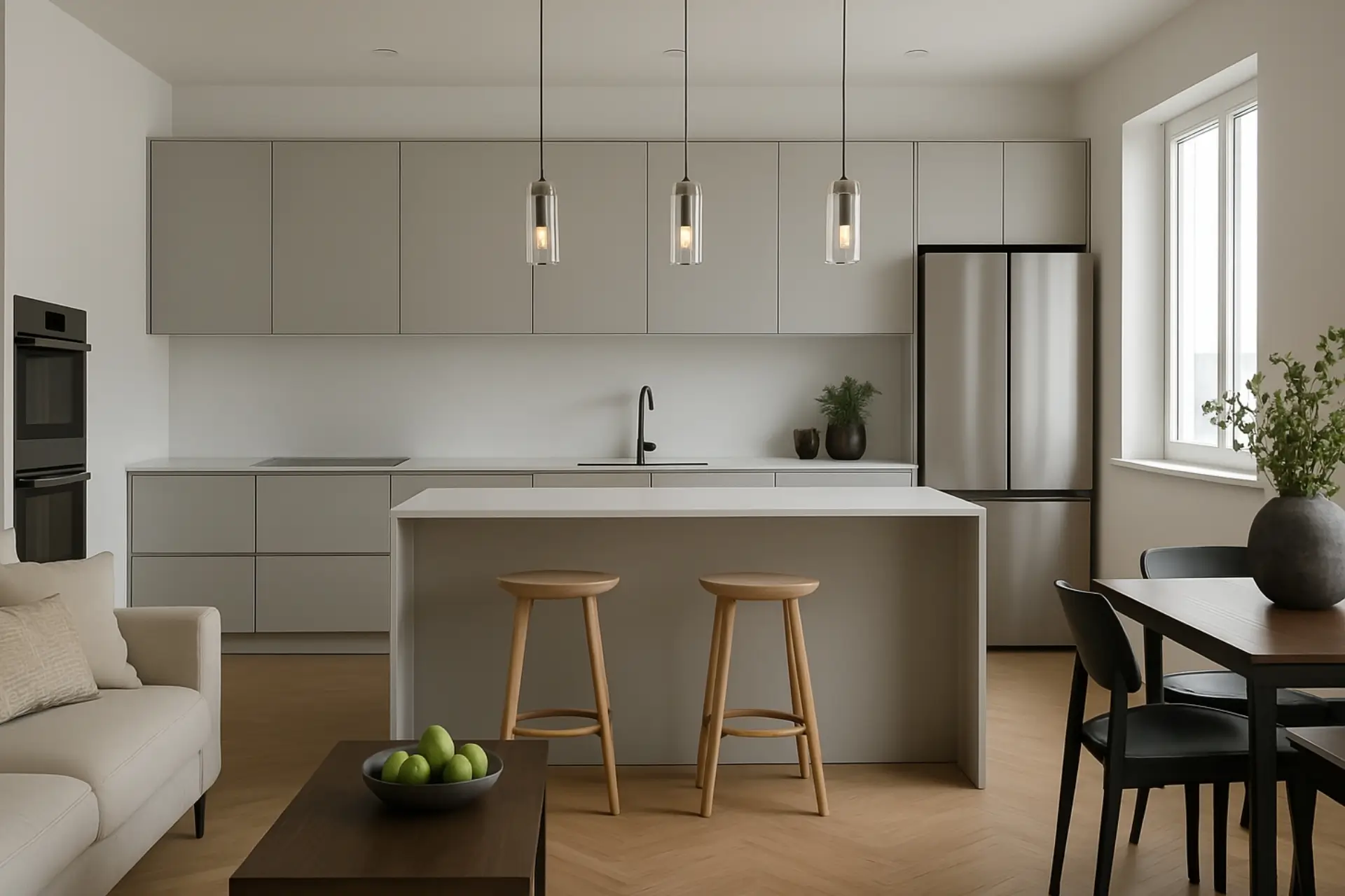 מטבח אפור מינימליסטי פתוח לסלון