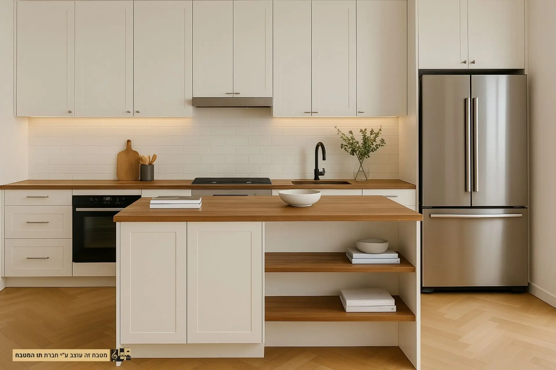 מטבח בהתאמה אישית - מטבח מודרני לבן עם נגיעות עץ חם - תו המטבח