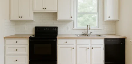 לאחר החידוש ארונות מטבח מעץ לצבע לבן.