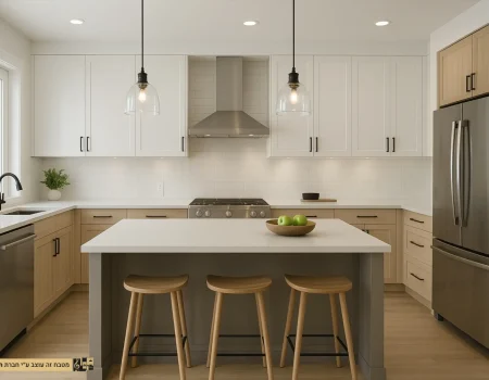 מטבח אלגנטי לבן בשילוב עץ