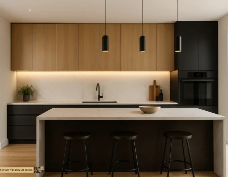 מטבח אלגנטי שחור בשילוב עץ