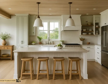 מטבח כפרי בהיר עם תקרה מעץ טבעי