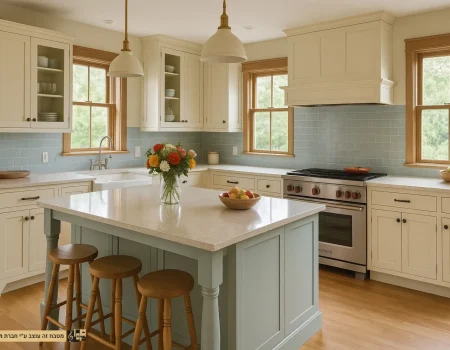 מטבח כפרי בהיר עם אי מרכזי בצבע תכלת רך