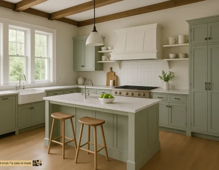 מטבח כפרי ירוק מרווה עם קורות עץ