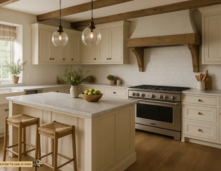 מטבח כפרי בגוון שמנת עם אי מרכזי וקורות עץ חשופות