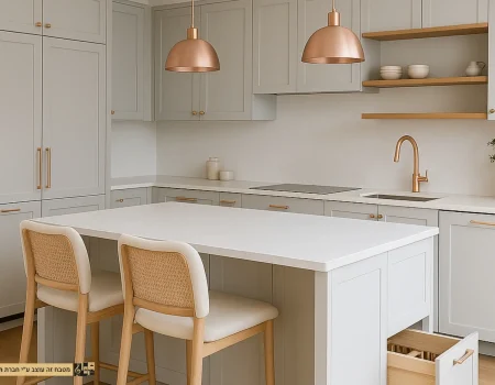 מטבח מודרני בגוון לבן-אפור עם נגיעות רוז גולד יוקרתיות