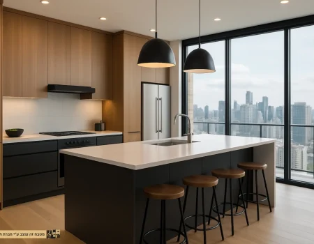 מטבח מודרני בפנטהאוז בשילוב עץ טבעי