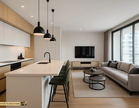 מטבח עם אי בר מחובר עם הסלון