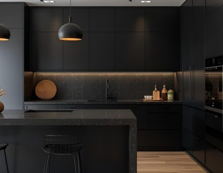 מטבח שחור אלגנט עם נגיעות עץ