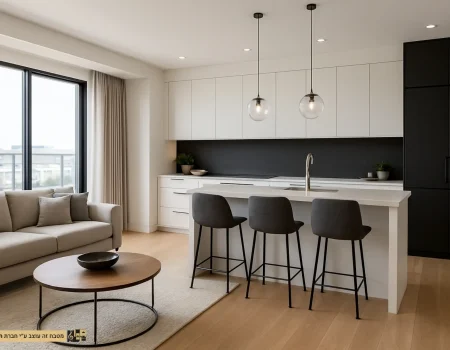 מטבח שחור לבן מודרני קטן עם הסלון
