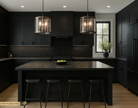 מטבח שחור עם שיש וקרמיקה שחורה בסגנון עתיק